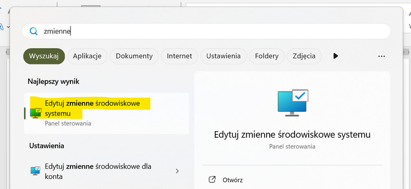 W pasku wyszukiwania systemu Windows wpisz słowo: „zmienne”